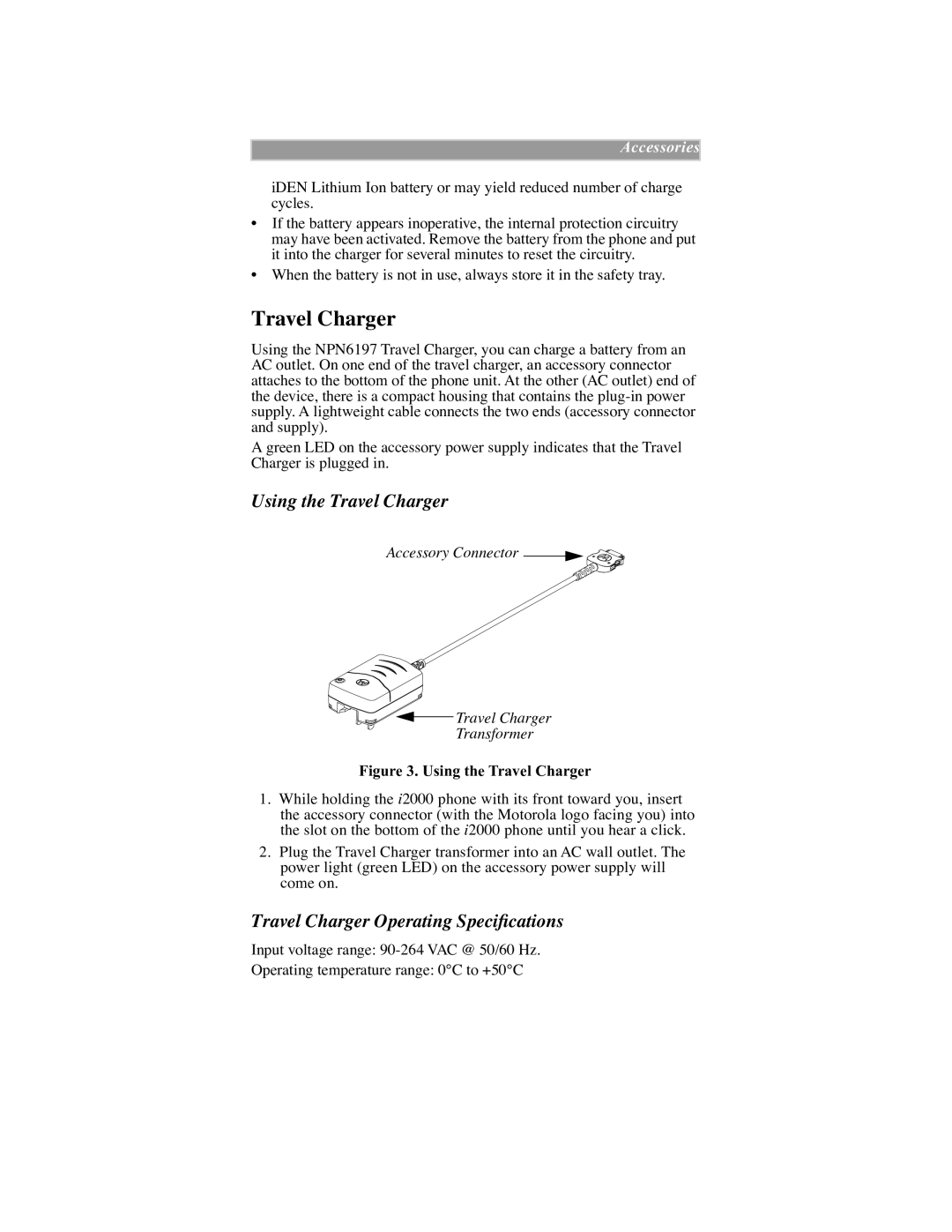 Motorola iDEN manual Using the Travel Charger, Travel Charger Operating SpeciÞcations 