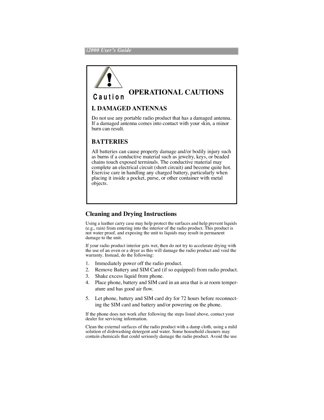 Motorola iDEN manual Operational Cautions, Cleaning and Drying Instructions 