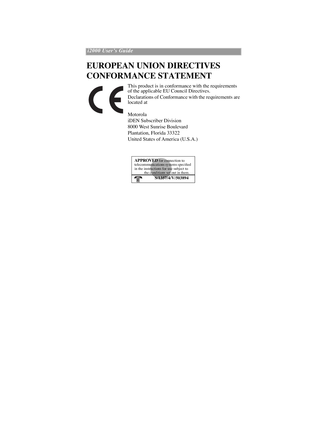 Motorola iDEN manual European Union Directives Conformance Statement 