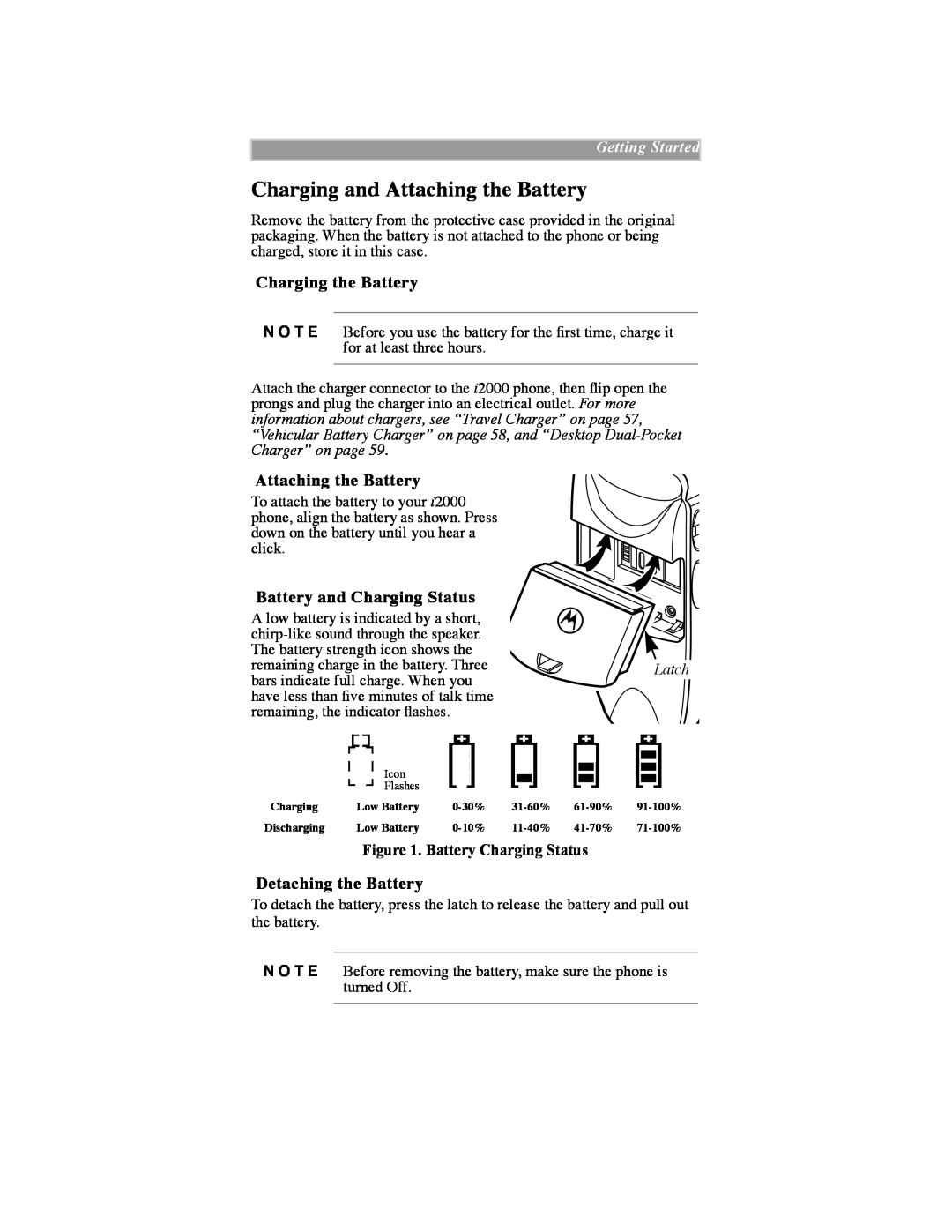 Motorola iDEN Charging and Attaching the Battery, Charging the Battery, Battery and Charging Status, Detaching the Battery 
