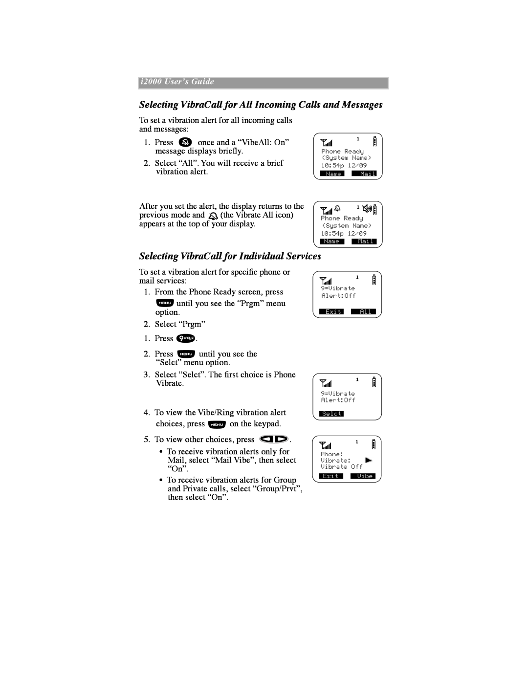 Motorola iDEN manual Selecting VibraCall for All Incoming Calls and Messages, Selecting VibraCall for Individual Services 