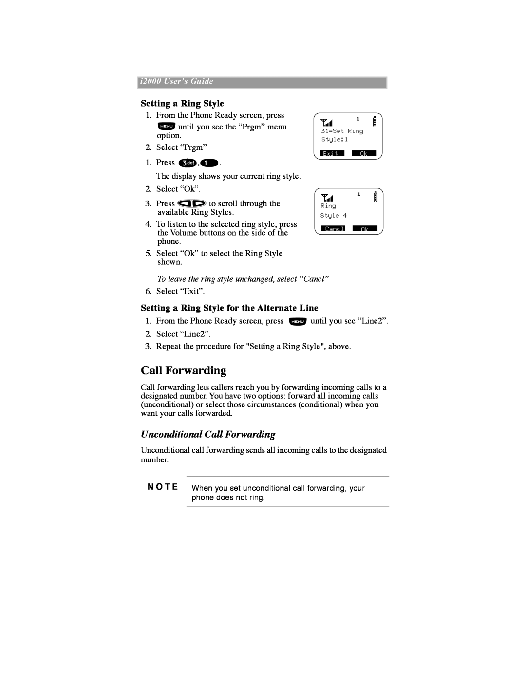Motorola iDEN manual Unconditional Call Forwarding, Setting a Ring Style for the Alternate Line, i2000 UserÕs Guide 