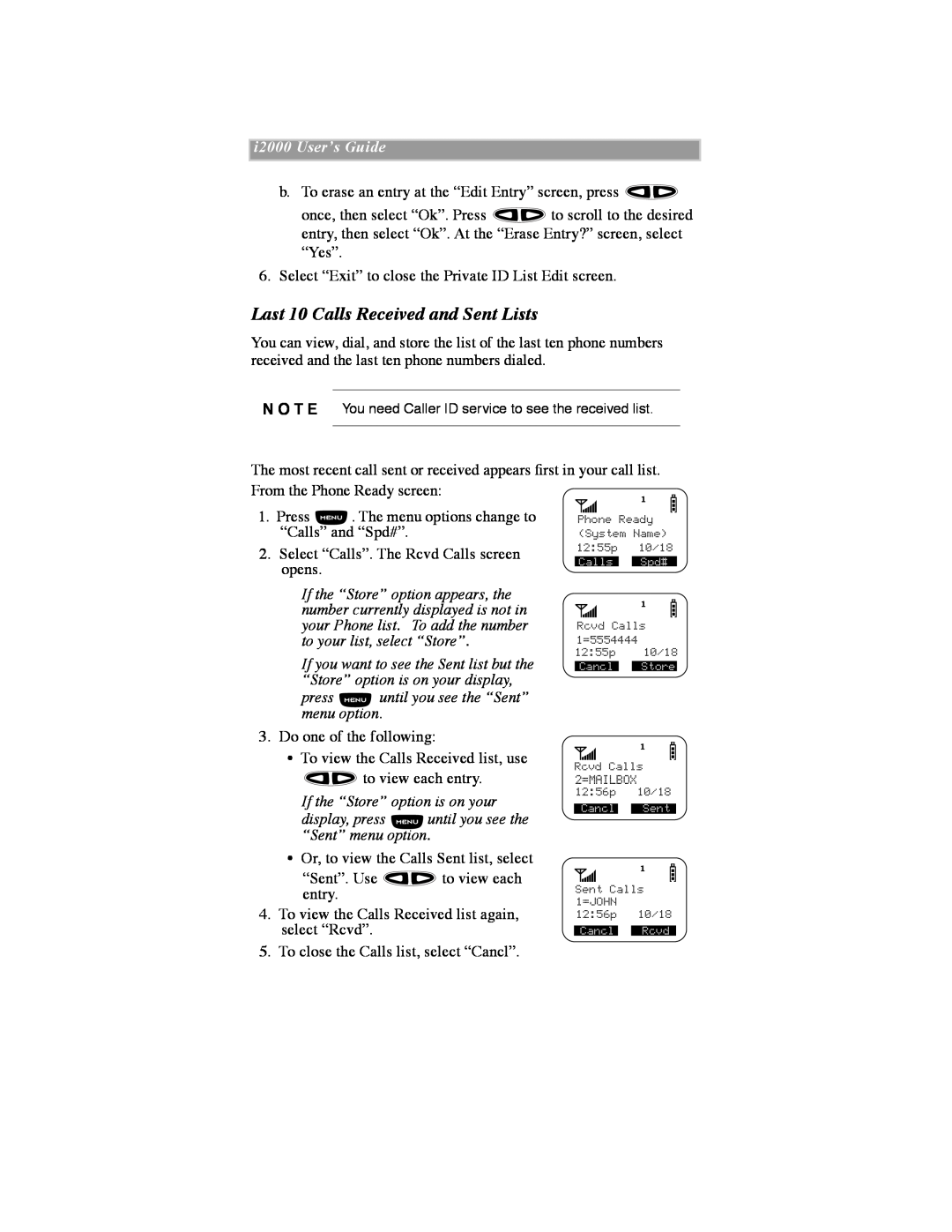 Motorola iDEN manual Last 10 Calls Received and Sent Lists, press until you see the ÒSentÓ menu option, i2000 UserÕs Guide 