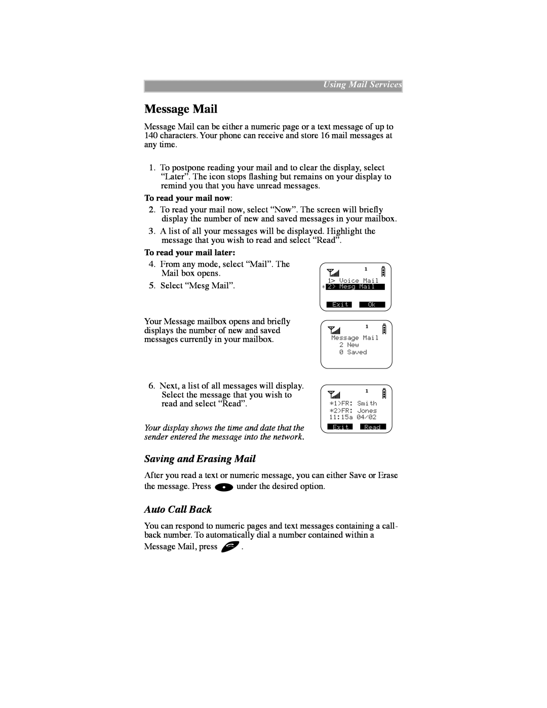 Motorola iDEN manual Message Mail, Saving and Erasing Mail, Auto Call Back, Using Mail Services, To read your mail now 