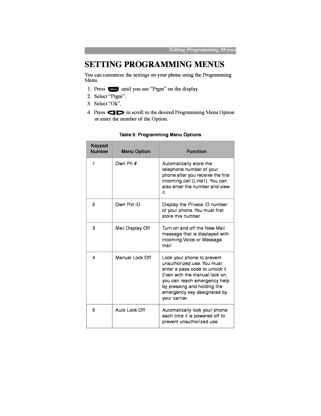 Motorola iDEN manual Setting Programming Menus, Programming Menu Options 