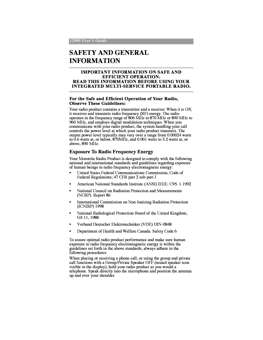 Motorola iDEN manual Safety And General Information, Exposure To Radio Frequency Energy, i2000 UserÕs Guide 