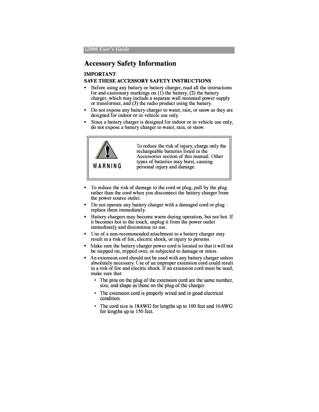 Motorola iDEN Accessory Safety Information, W A R N I N G, Save These Accessory Safety Instructions, i2000 UserÕs Guide 