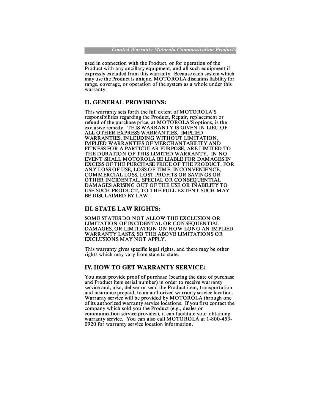 Motorola iDEN manual Ii. General Provisions, Iii. State Law Rights, Iv. How To Get Warranty Service 