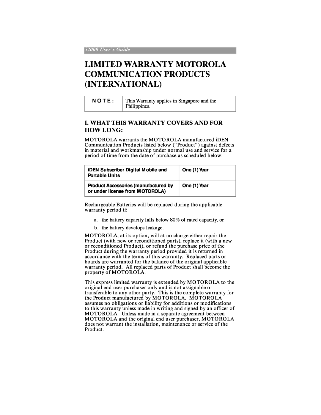 Motorola iDEN manual Limited Warranty Motorola Communication Products International, i2000 UserÕs Guide, N O T E 