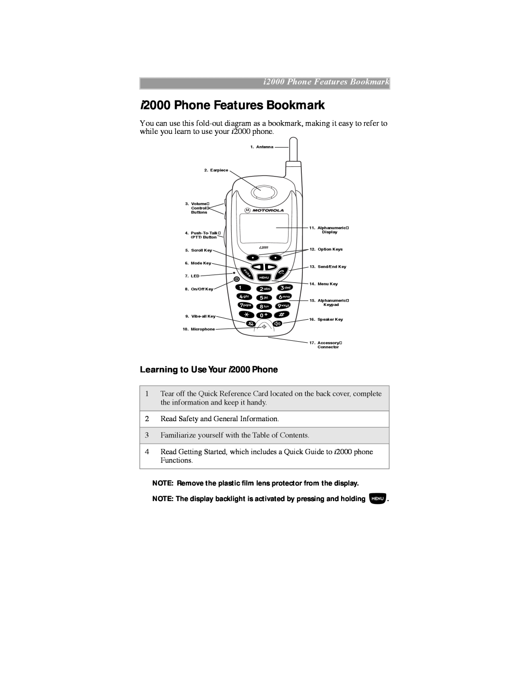 Motorola iDEN manual i2000 Phone Features Bookmark, Learning to Use Your i2000 Phone 