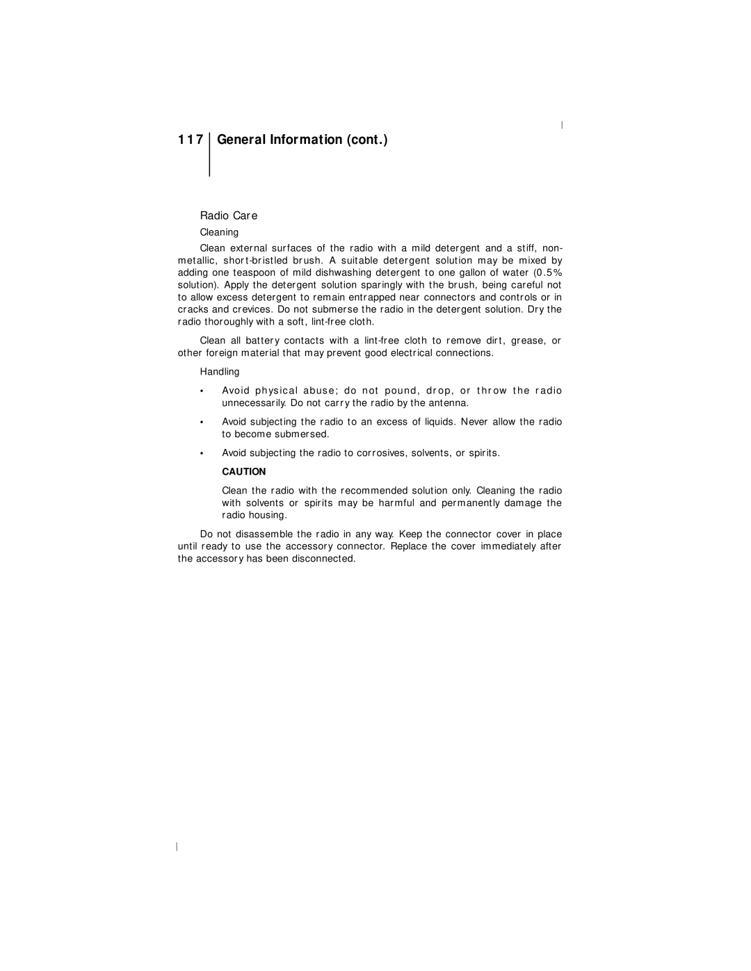 Motorola III operating instructions Radio Care 