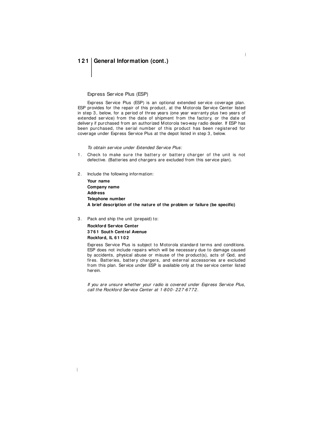 Motorola III operating instructions Express Service Plus ESP, To obtain service under Extended Service Plus 