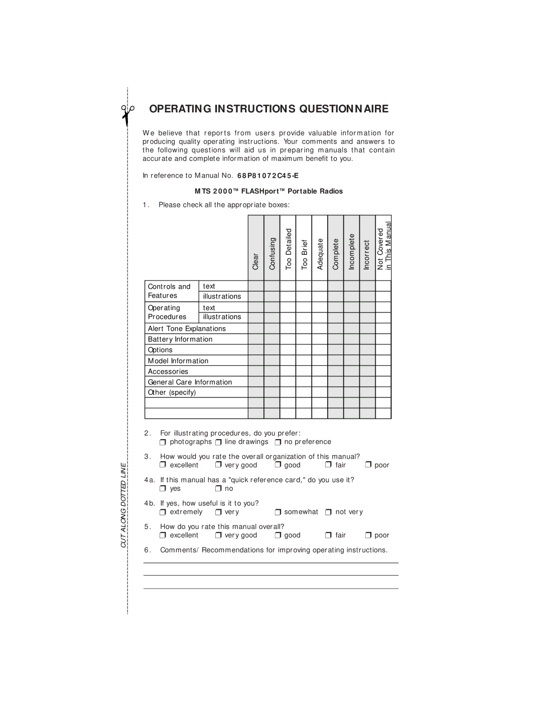 Motorola III operating instructions Operating Instructions Questionnaire 