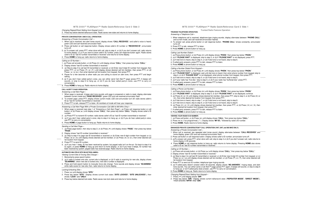 Motorola III operating instructions MTS 2000TM FLASHport Radio Quick-Reference Card 2 Side 