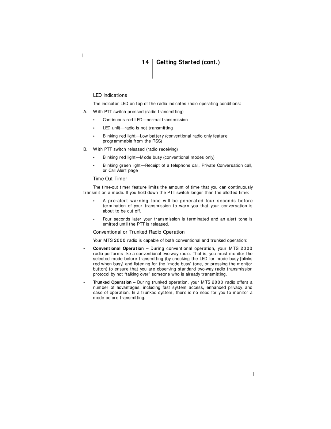 Motorola III operating instructions LED Indications, Time-Out Timer, Conventional or Trunked Radio Operation 