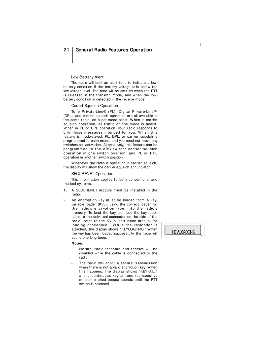 Motorola III General Radio Features Operation, Low-Battery Alert, Coded Squelch Operation, Securenet Operation 