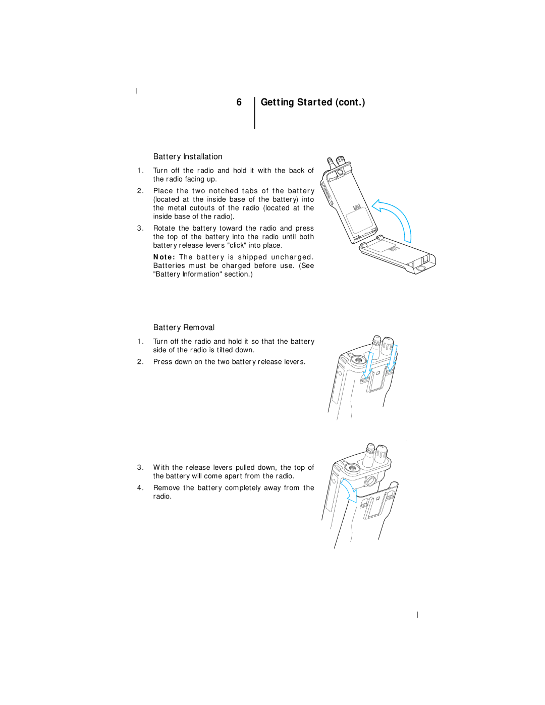 Motorola III operating instructions Battery Installation, Battery Removal 