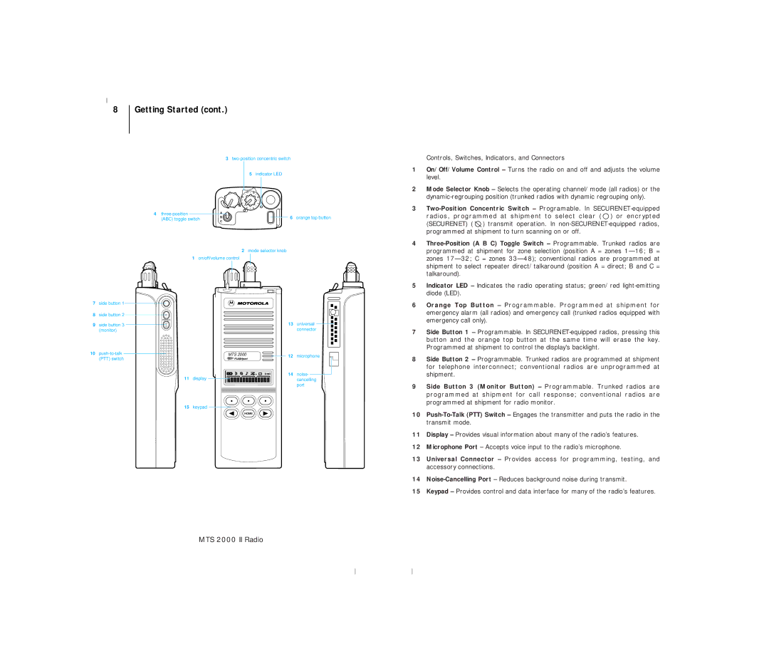 Motorola III operating instructions MTS 2000 II Radio, Radios, programmed at shipment to select clear or encrypted 