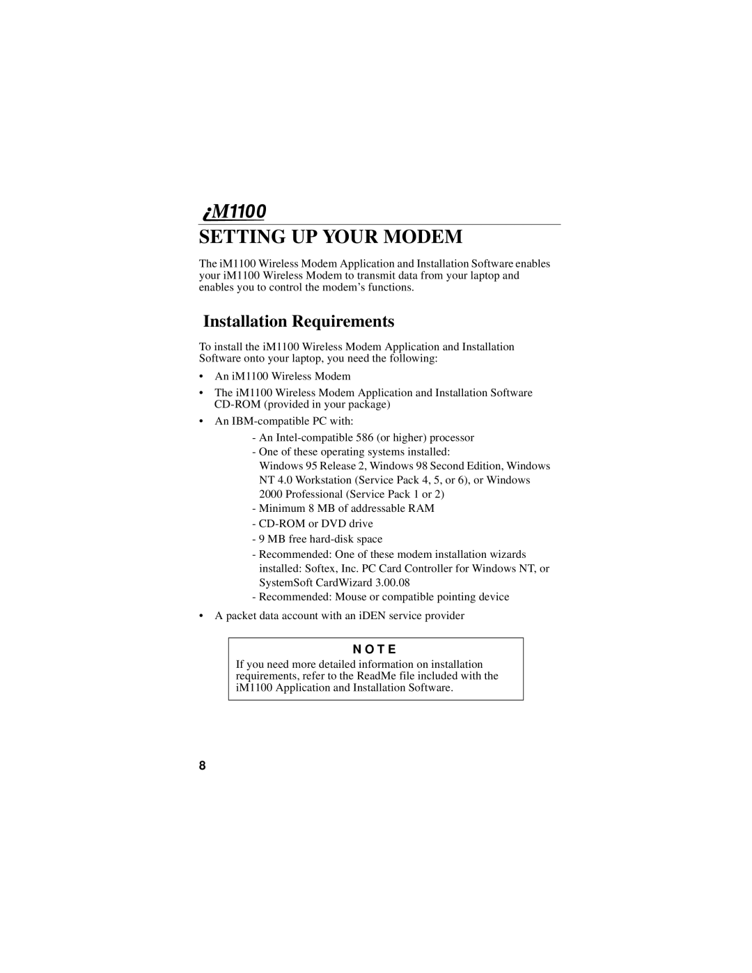 Motorola iM1100 manual Setting UP Your Modem, Installation Requirements 