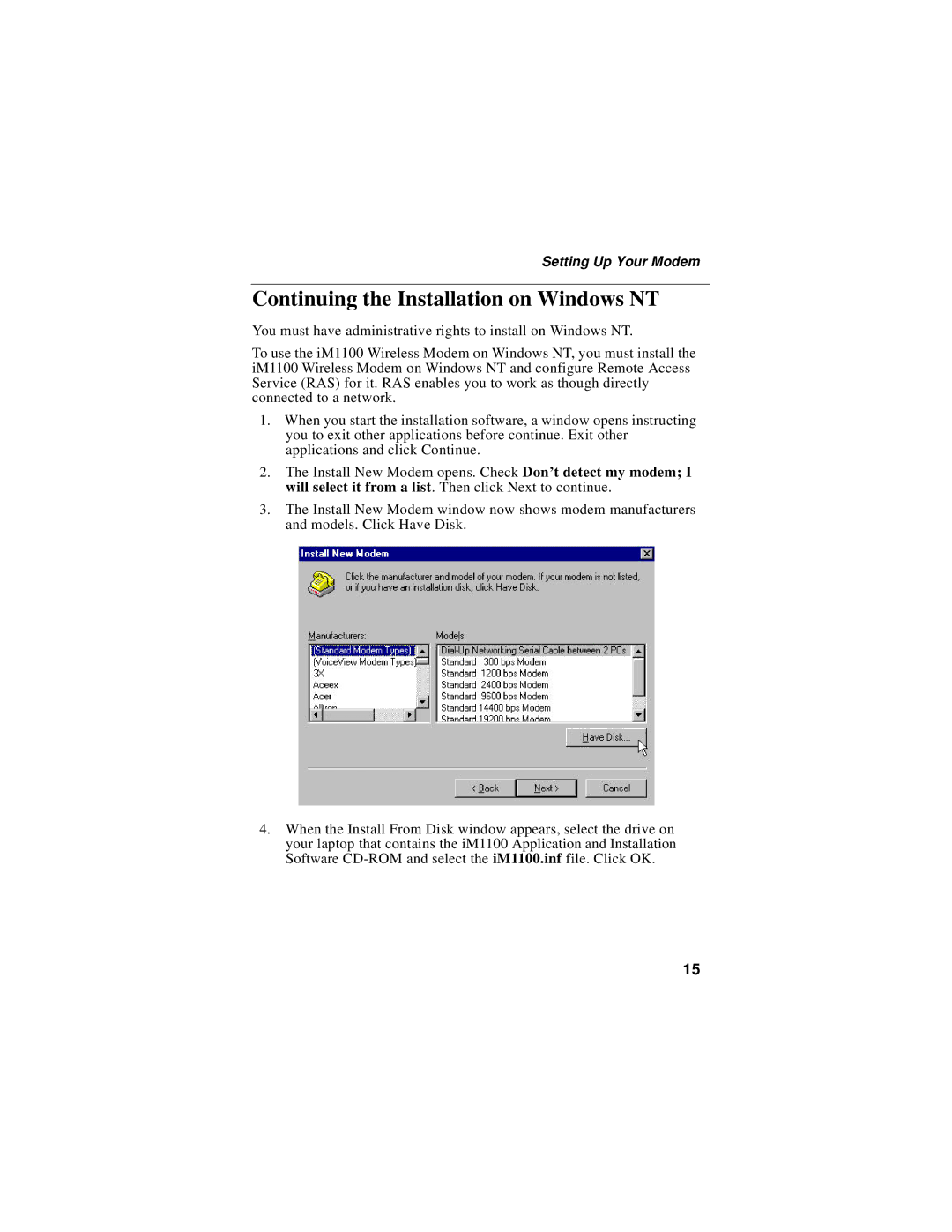 Motorola iM1100 manual Continuing the Installation on Windows NT 