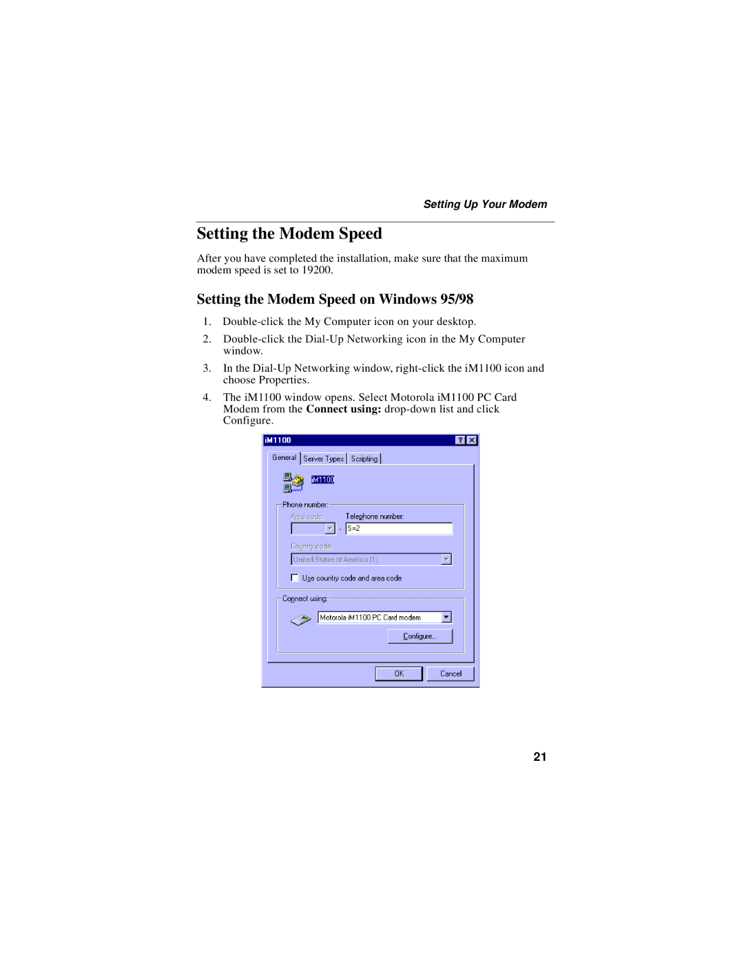 Motorola iM1100 manual Setting the Modem Speed on Windows 95/98 