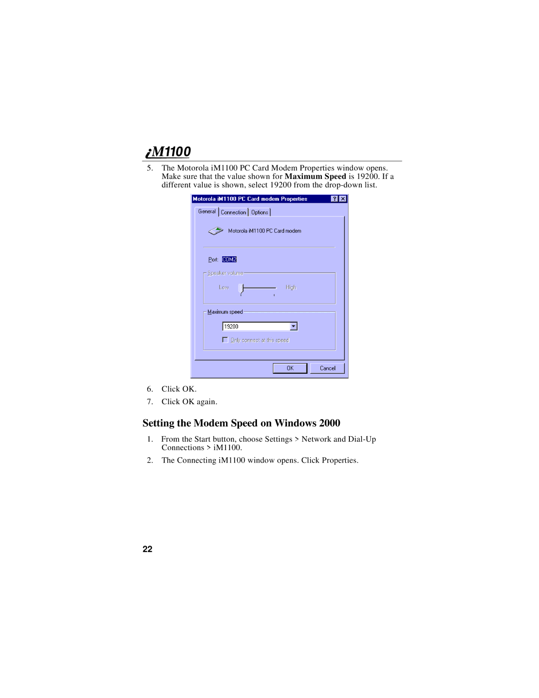 Motorola iM1100 manual Setting the Modem Speed on Windows 