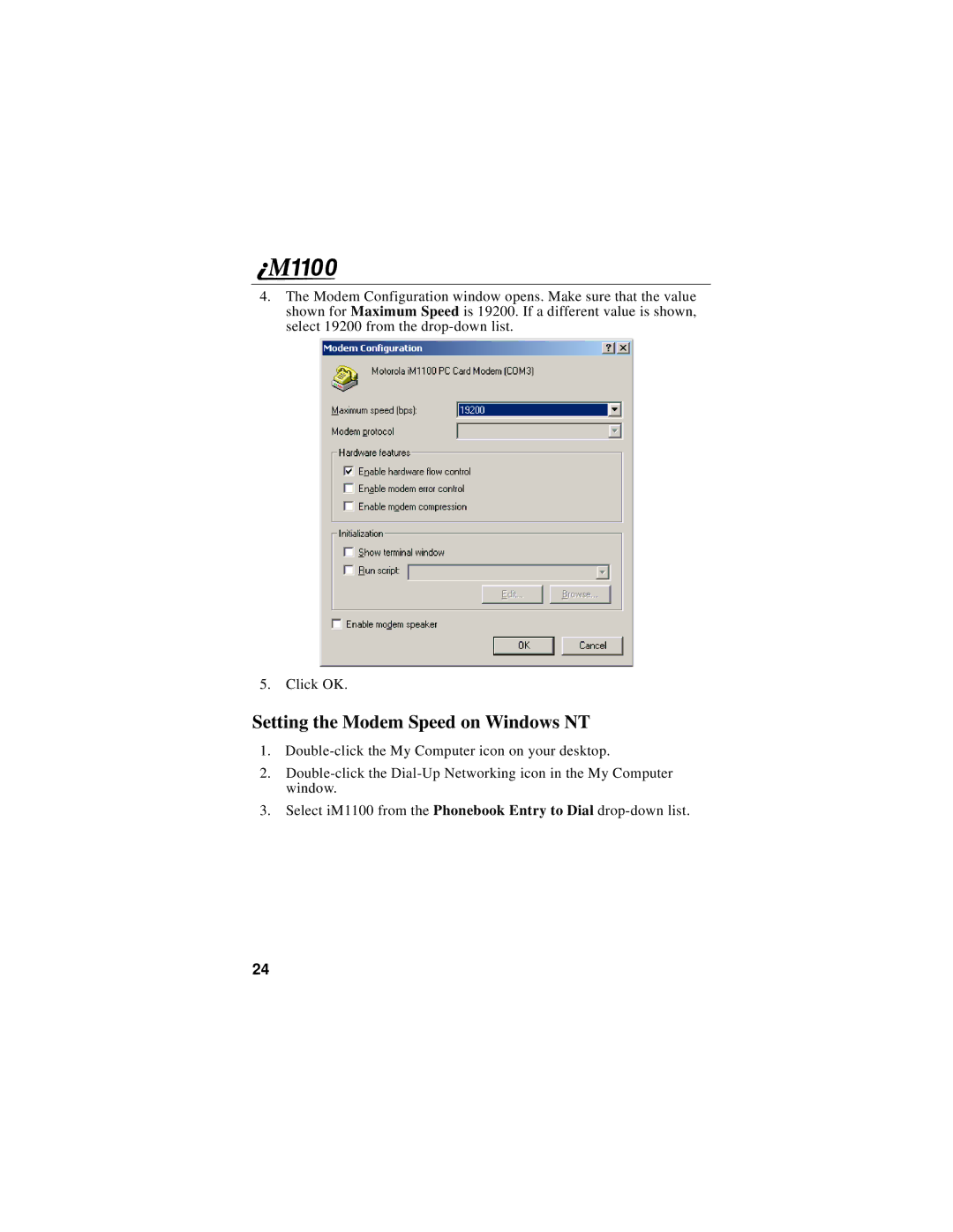 Motorola iM1100 manual Setting the Modem Speed on Windows NT 