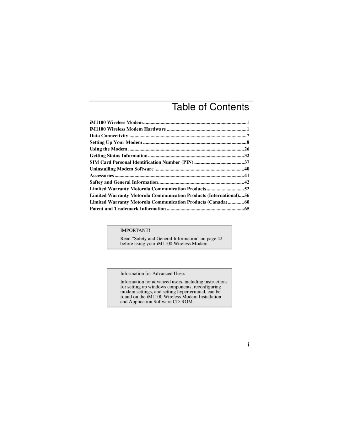 Motorola iM1100 manual Table of Contents 