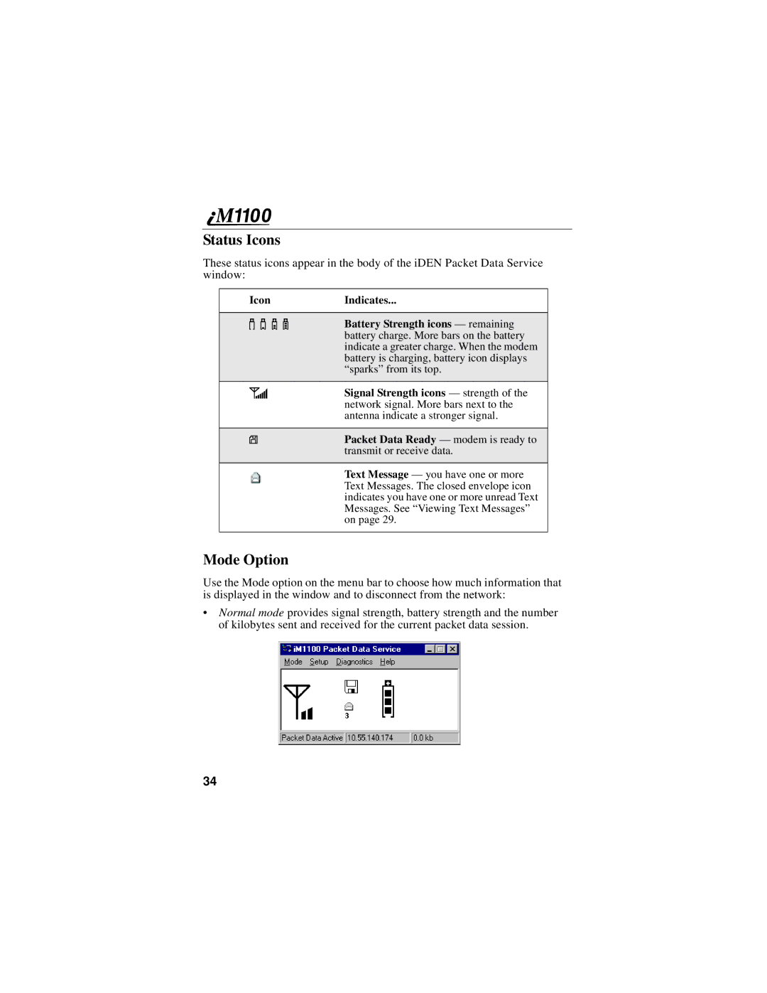 Motorola iM1100 manual Status Icons, Mode Option 