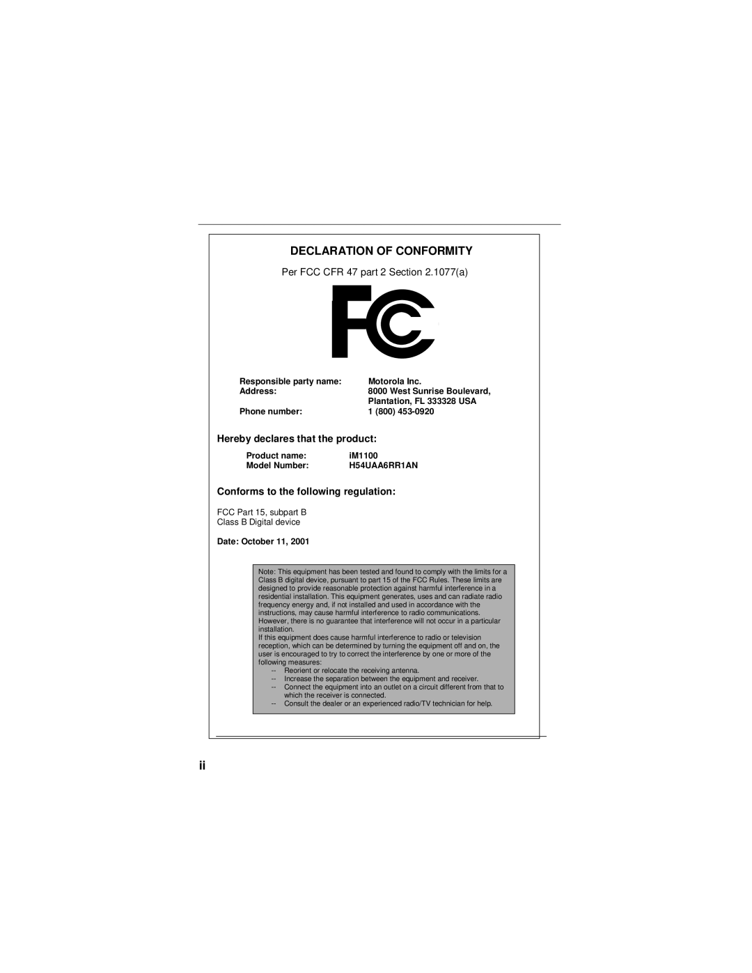 Motorola iM1100 manual Declaration of Conformity 