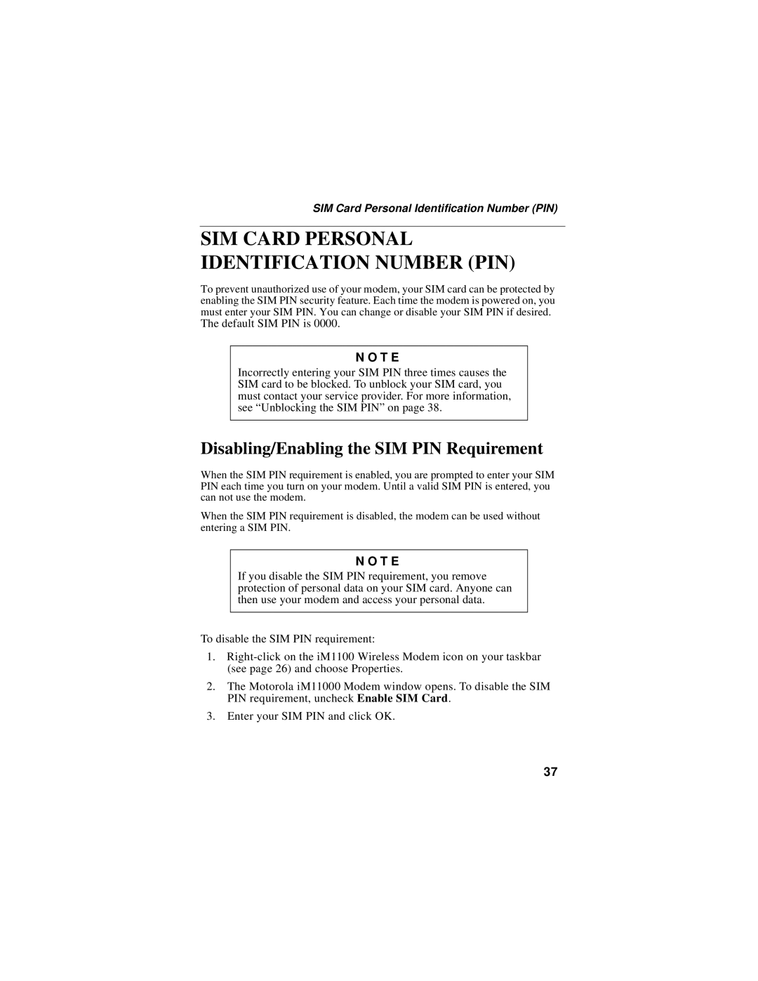 Motorola iM1100 manual SIM Card Personal Identification Number PIN, Disabling/Enabling the SIM PIN Requirement 