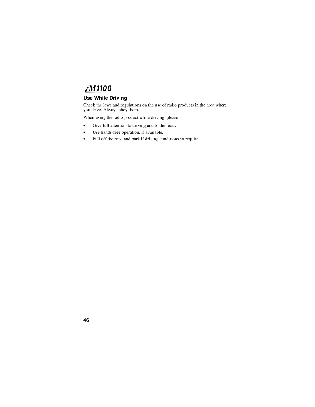 Motorola iM1100 manual Use While Driving 