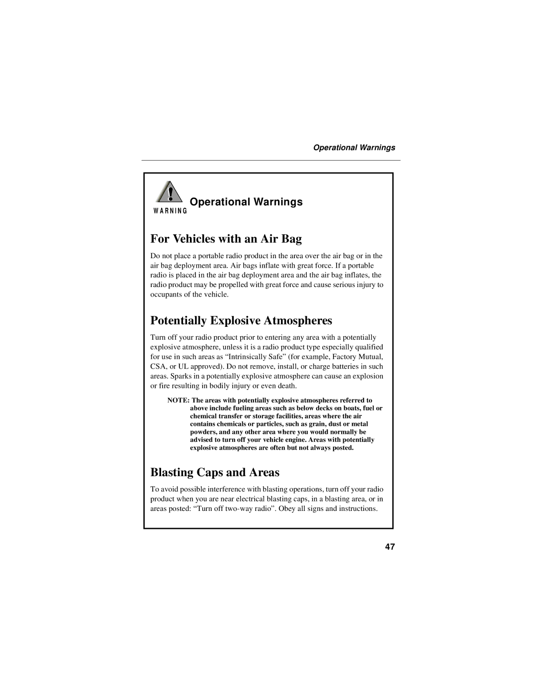 Motorola iM1100 manual For Vehicles with an Air Bag, Potentially Explosive Atmospheres, Blasting Caps and Areas 