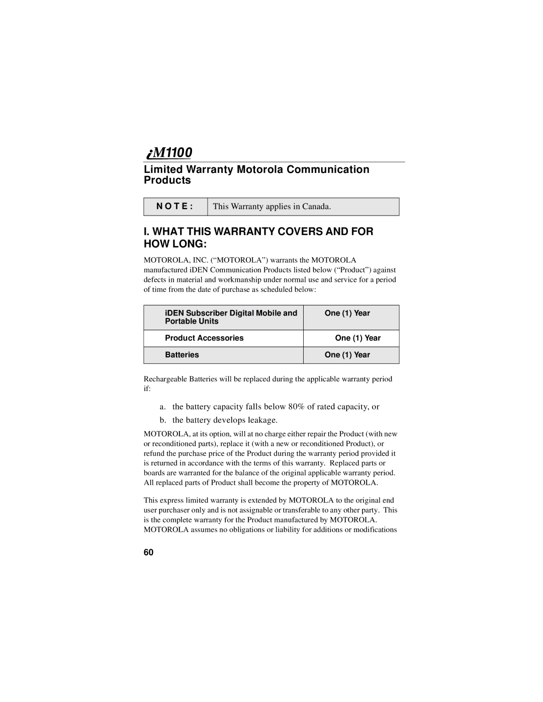 Motorola iM1100 manual This Warranty applies in Canada 