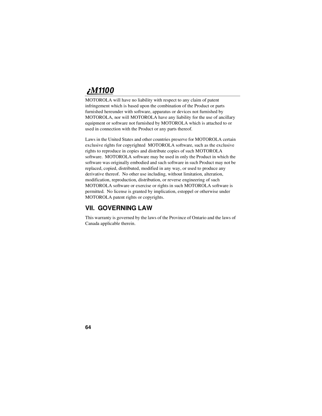 Motorola iM1100 manual VII. Governing LAW 