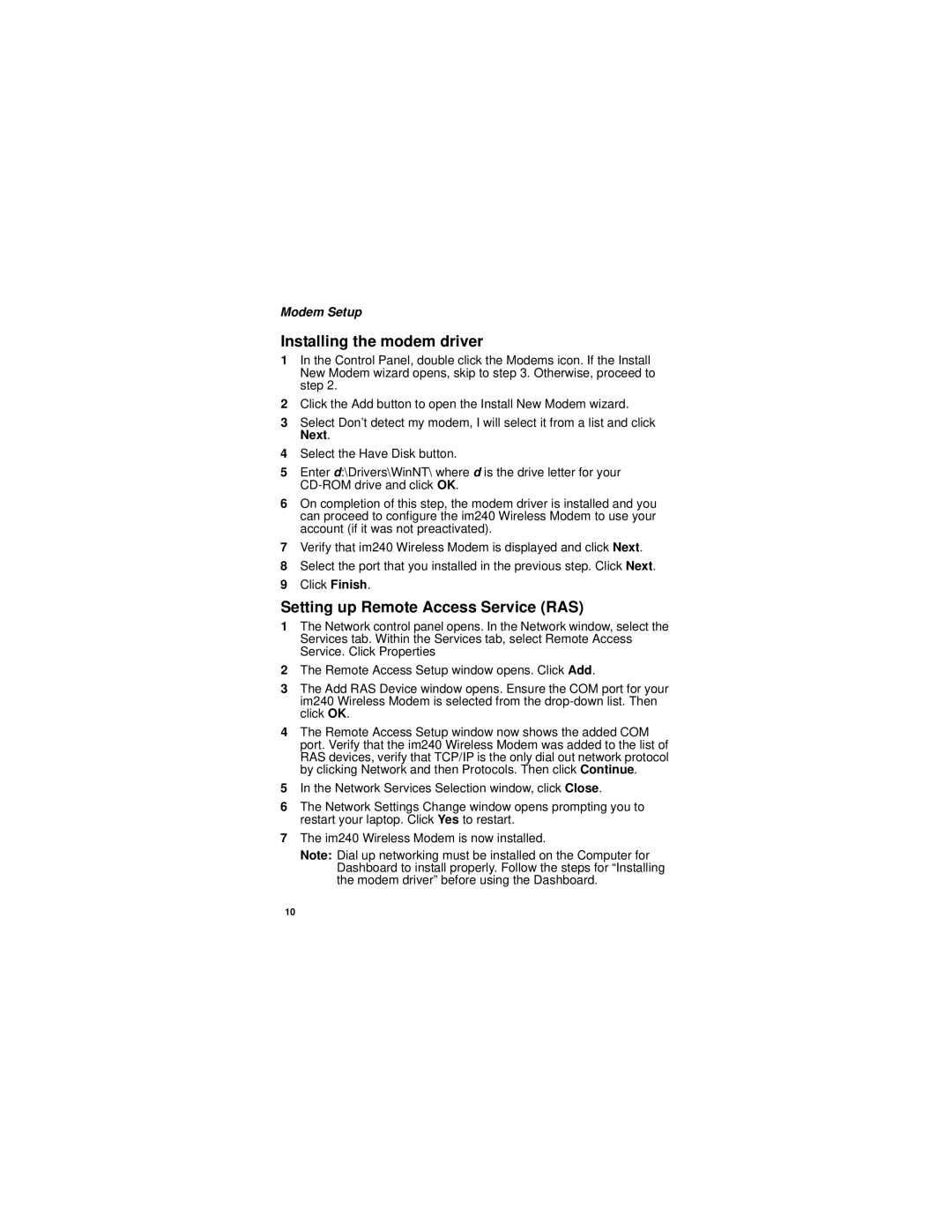 Motorola im240 manual Installing the modem driver, Setting up Remote Access Service RAS 