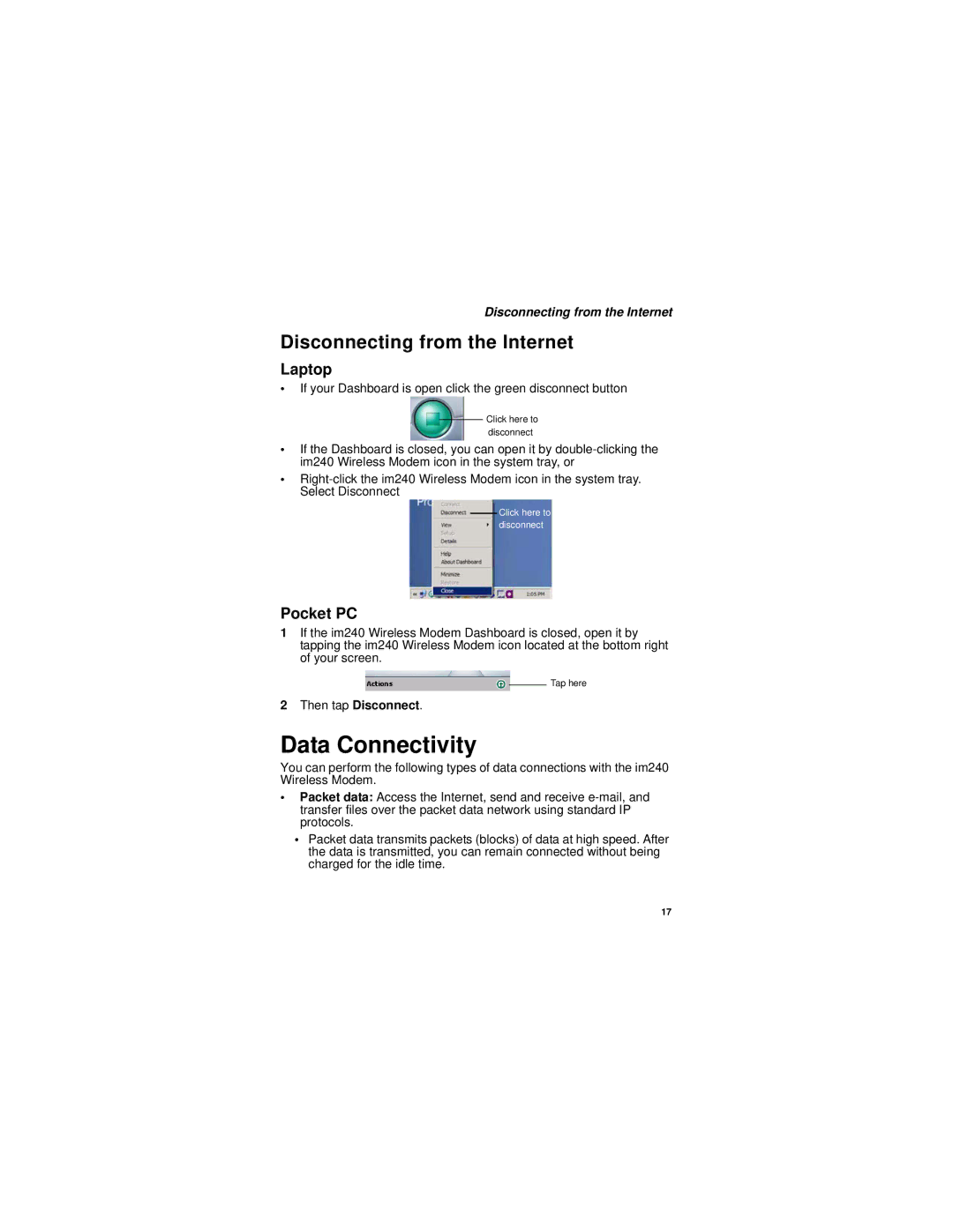 Motorola im240 manual Data Connectivity, Disconnecting from the Internet 