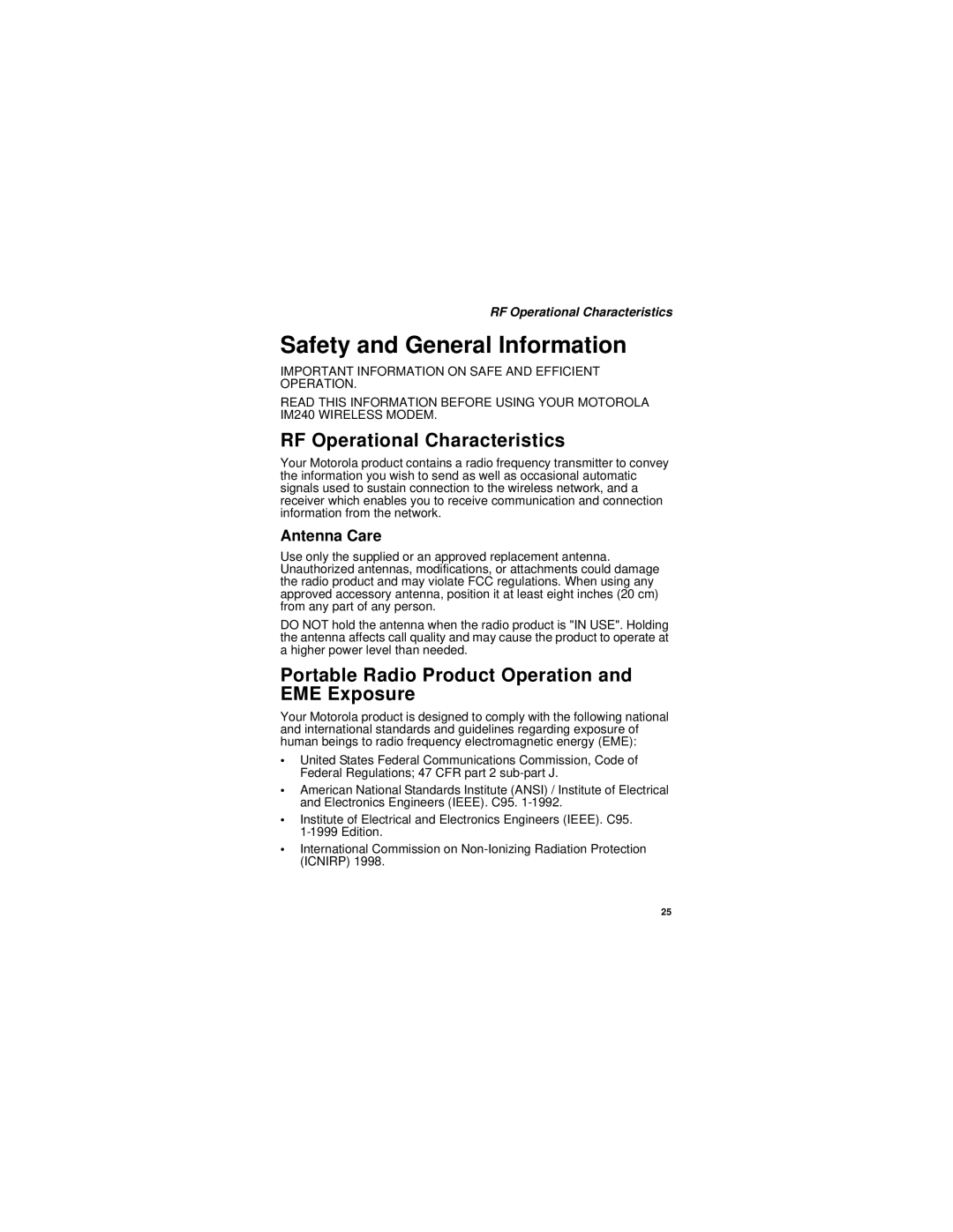 Motorola im240 manual Safety and General Information, RF Operational Characteristics, Antenna Care 