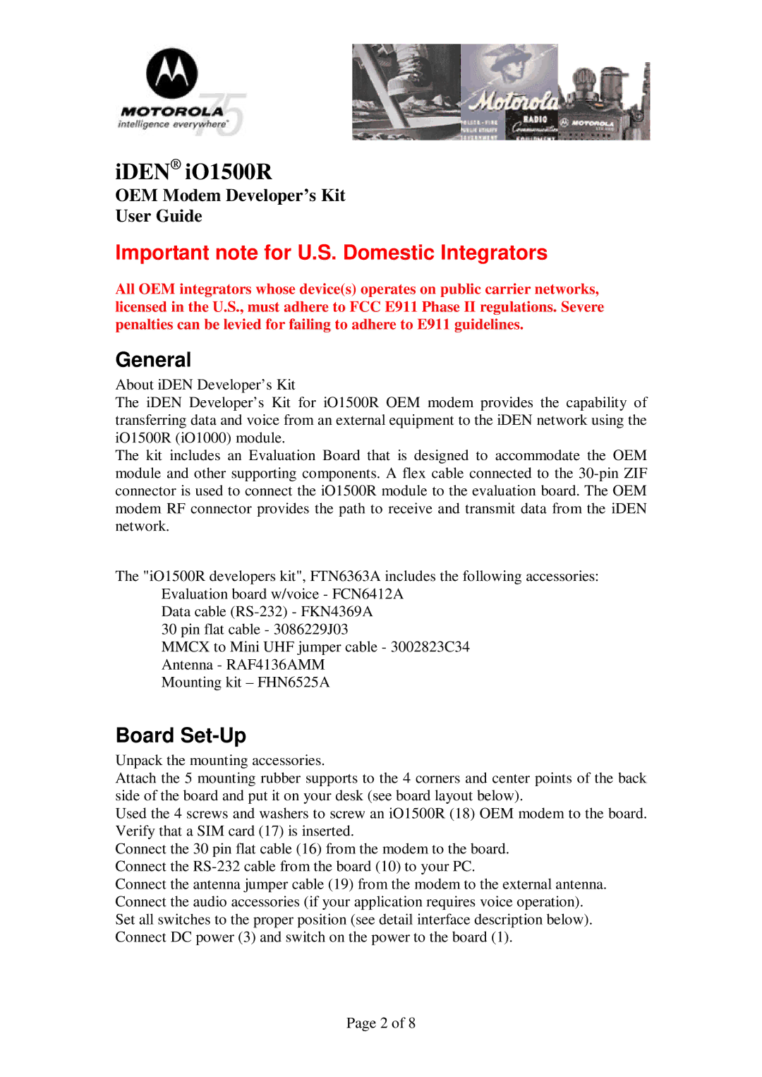 Motorola manual IDEN iO1500R, General, Board Set-Up 