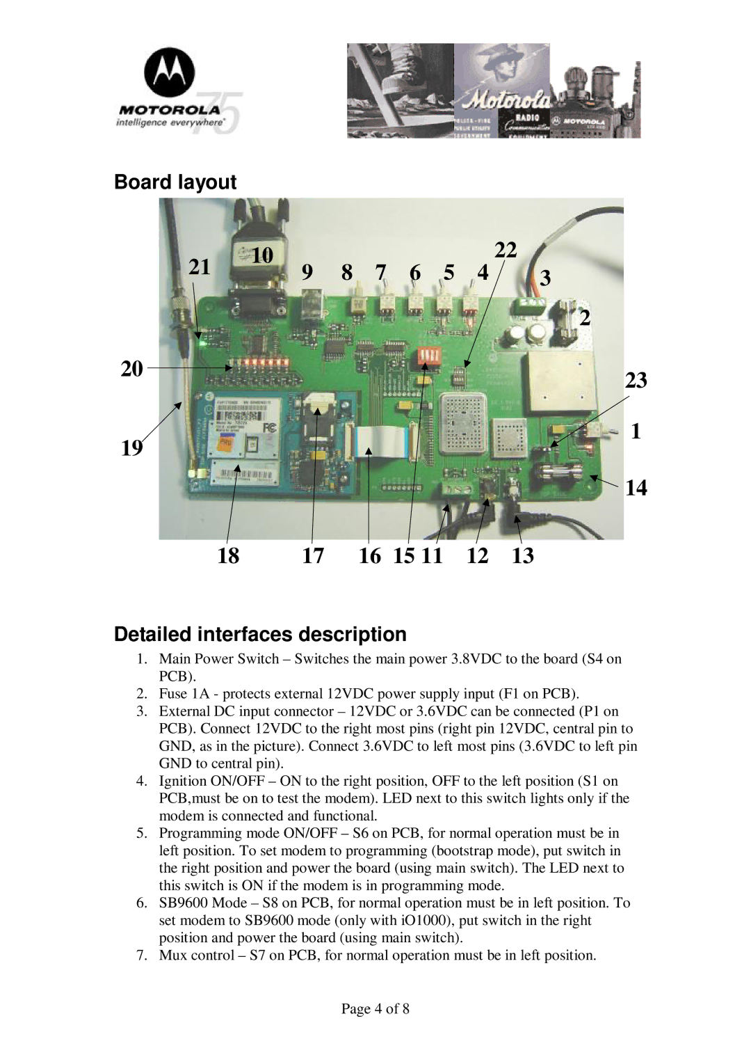 Motorola iO1500R manual 16 15, Board layout, Detailed interfaces description 