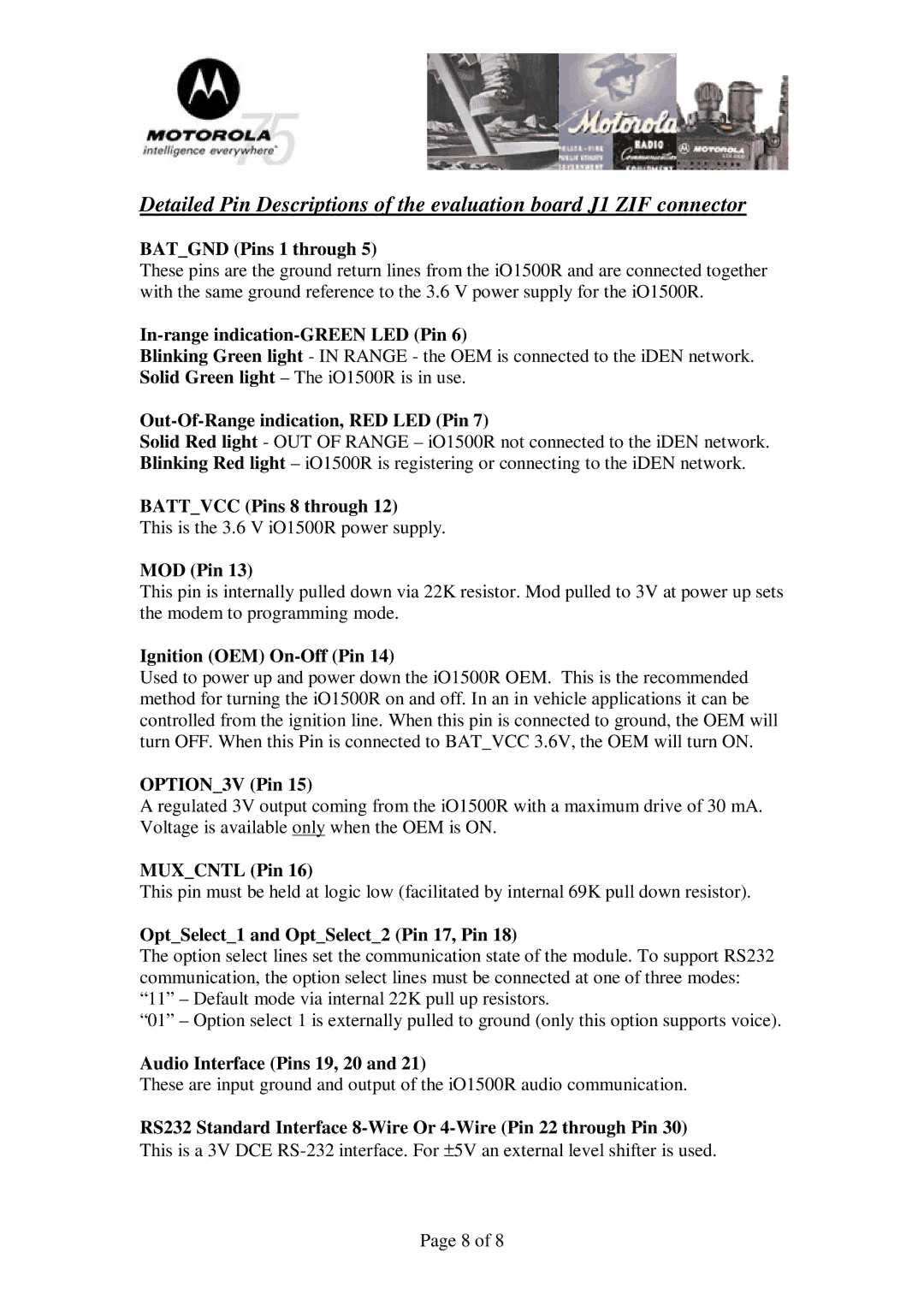 Motorola iO1500R manual Battvcc Pins 8 through 
