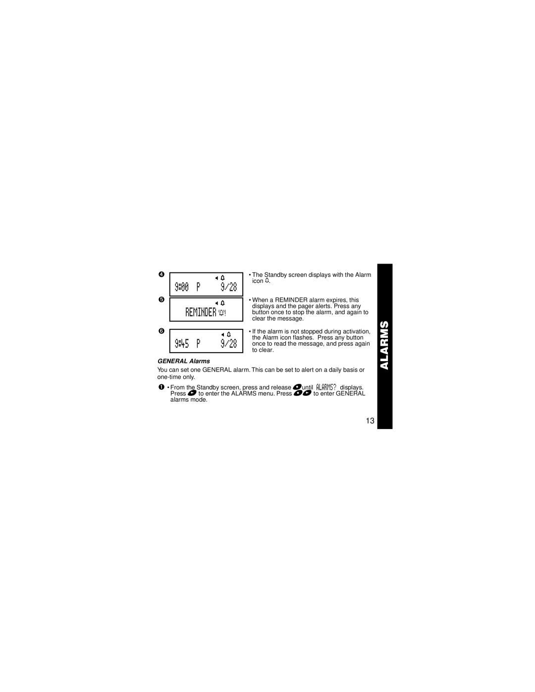 Motorola Jazz Pager manual Reminder s 945, General Alarms 