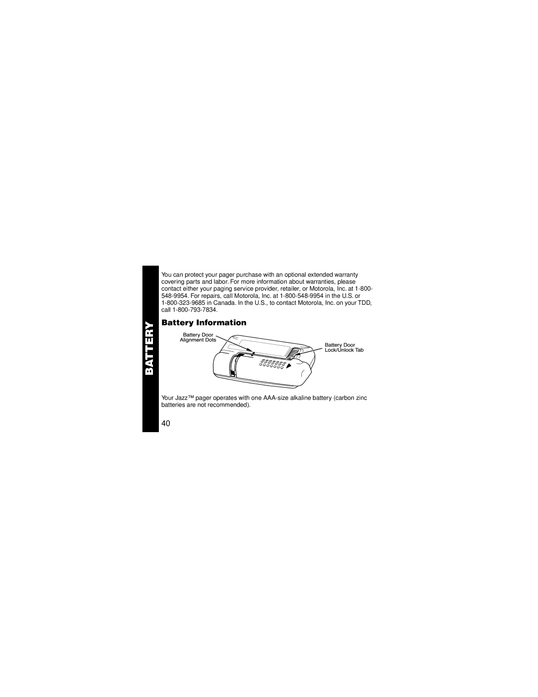 Motorola Jazz Pager manual Battery Information 