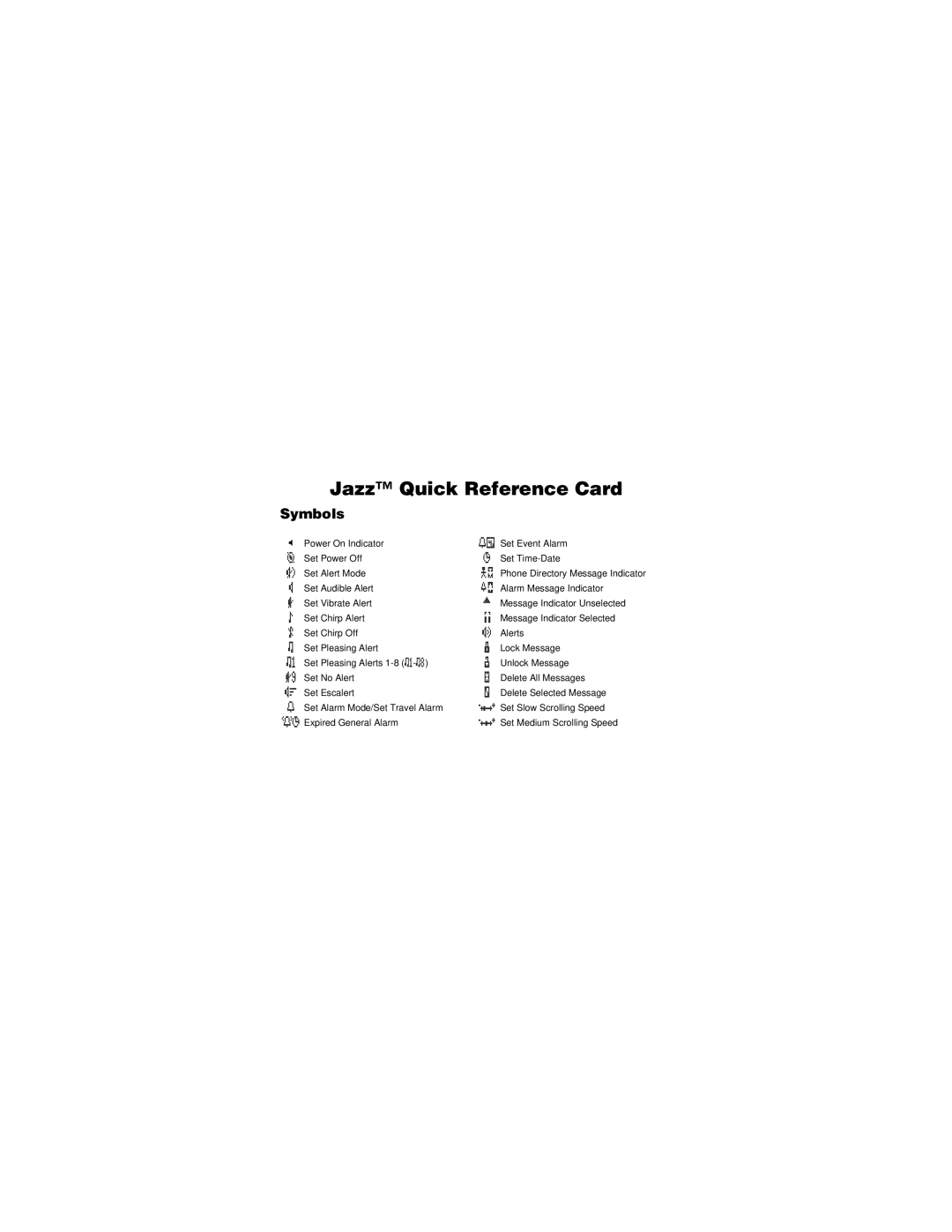 Motorola Jazz Pager manual Jazz Quick Reference Card, Symbols 