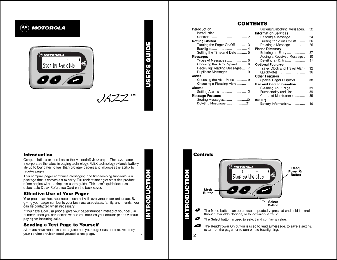 Motorola Jazz manual USER’S Guide, Introduction ON/OFF 