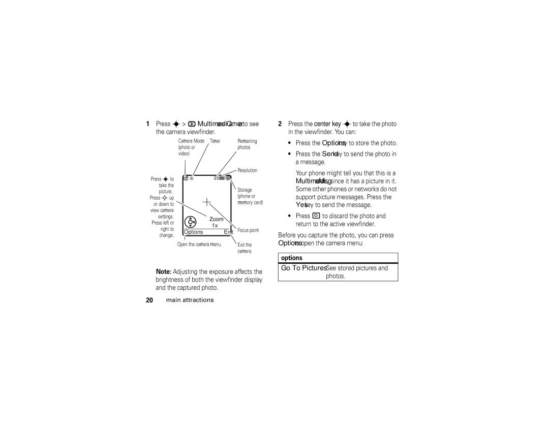 Motorola K1 manual Press s h Multimedia Camera to see, Options 