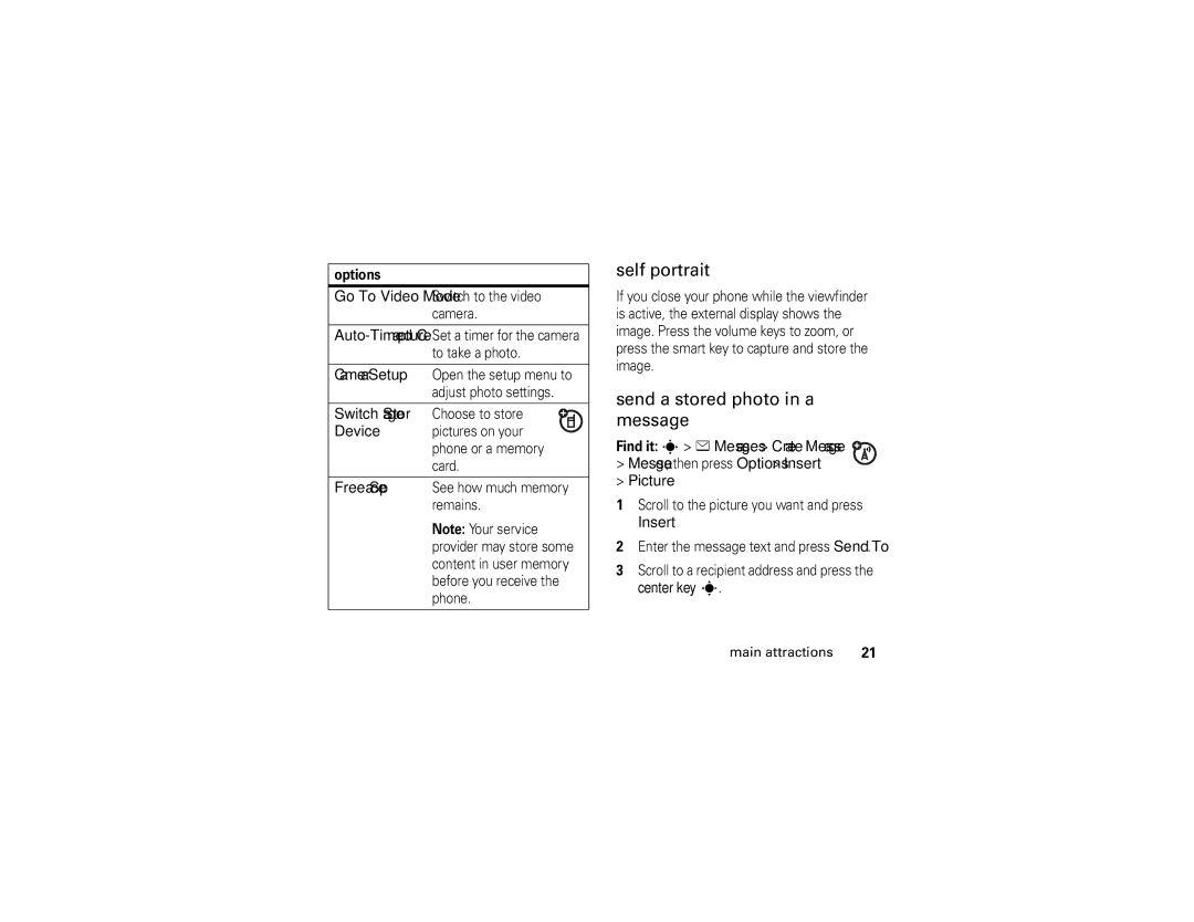 Motorola K1 manual Self portrait, Send a stored photo in a message 