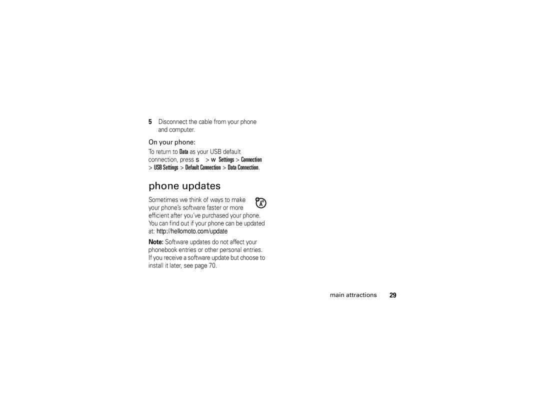 Motorola K1 manual Phone updates, USB Settings Default Connection Data Connection 