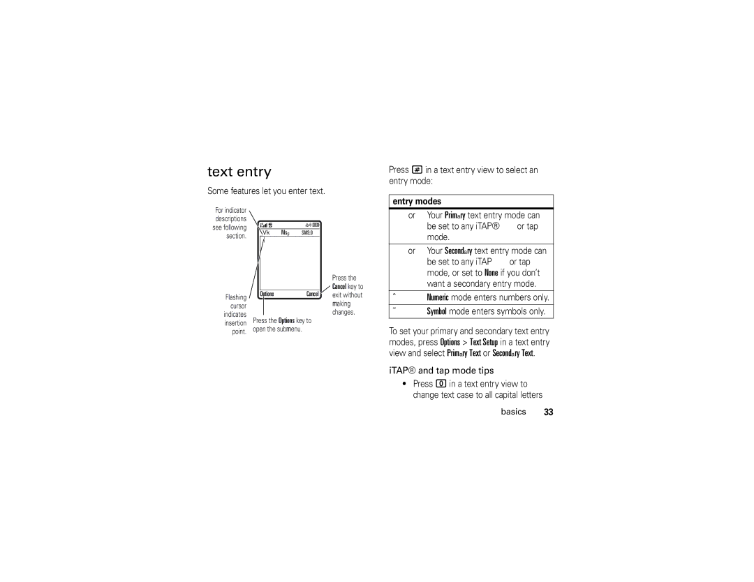 Motorola K1 manual Text entry, Entry modes 