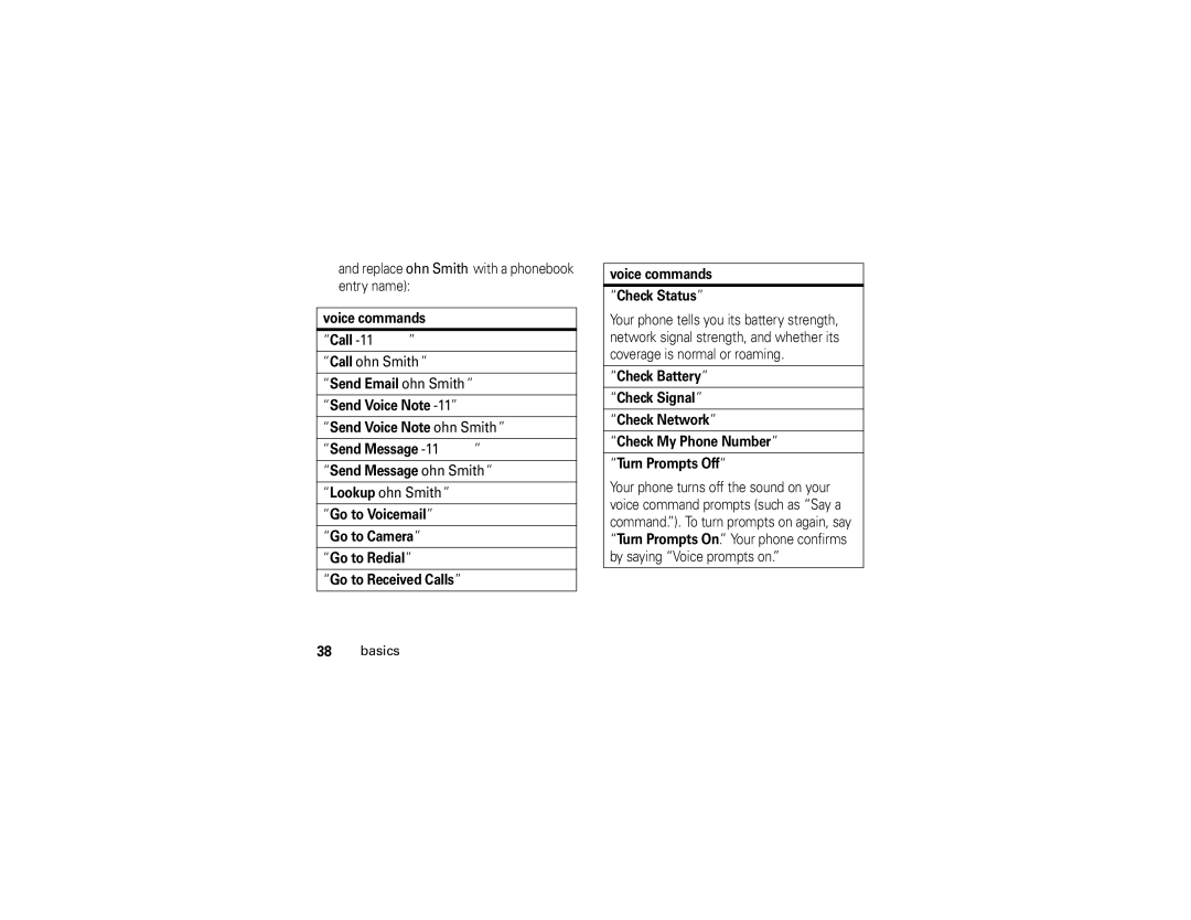 Motorola K1 manual Replace John Smith with a phonebook entry name, Voice commands 